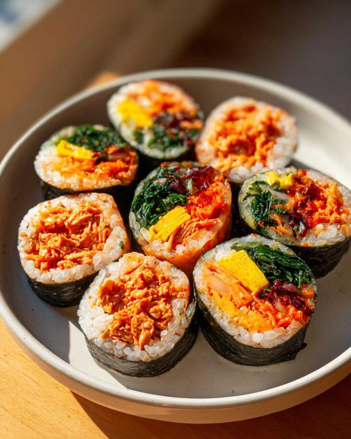 Close-up of several freshly cut slices of tuna kimbap arranged on a light plate.