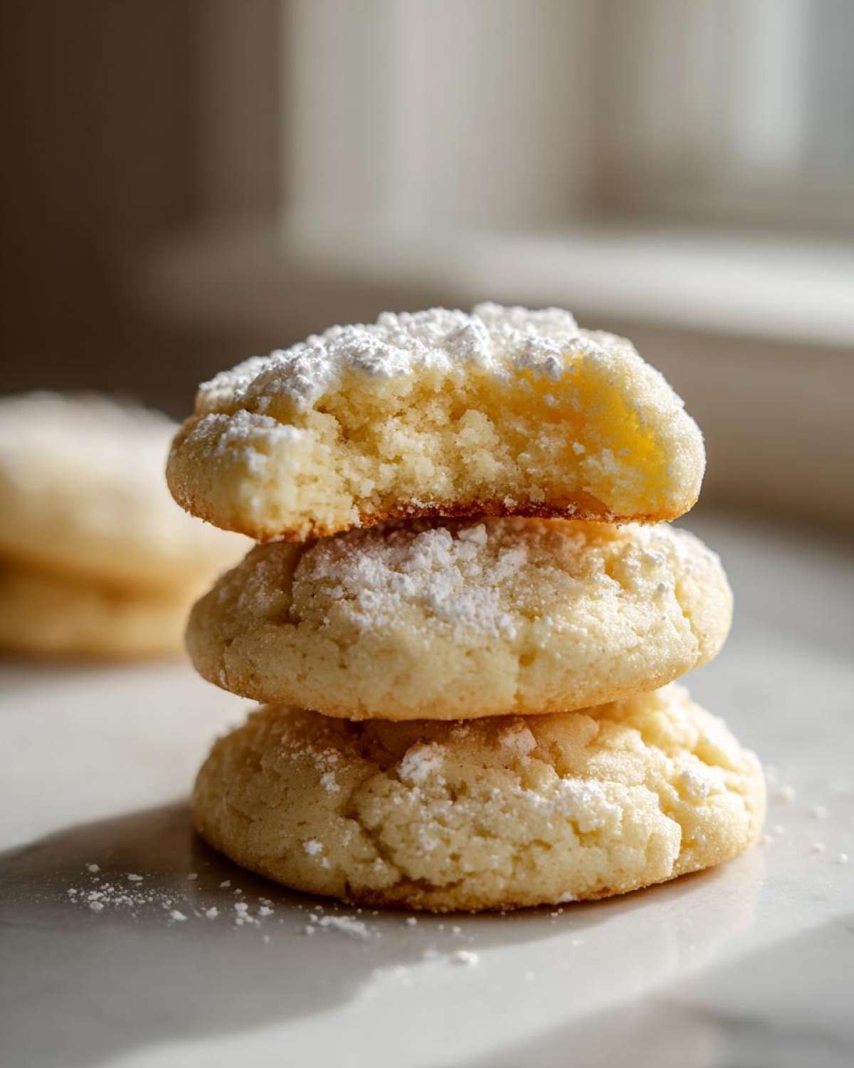 A vertical stack of three soft, powdered sugar lemon cookies, with the top one broken open.