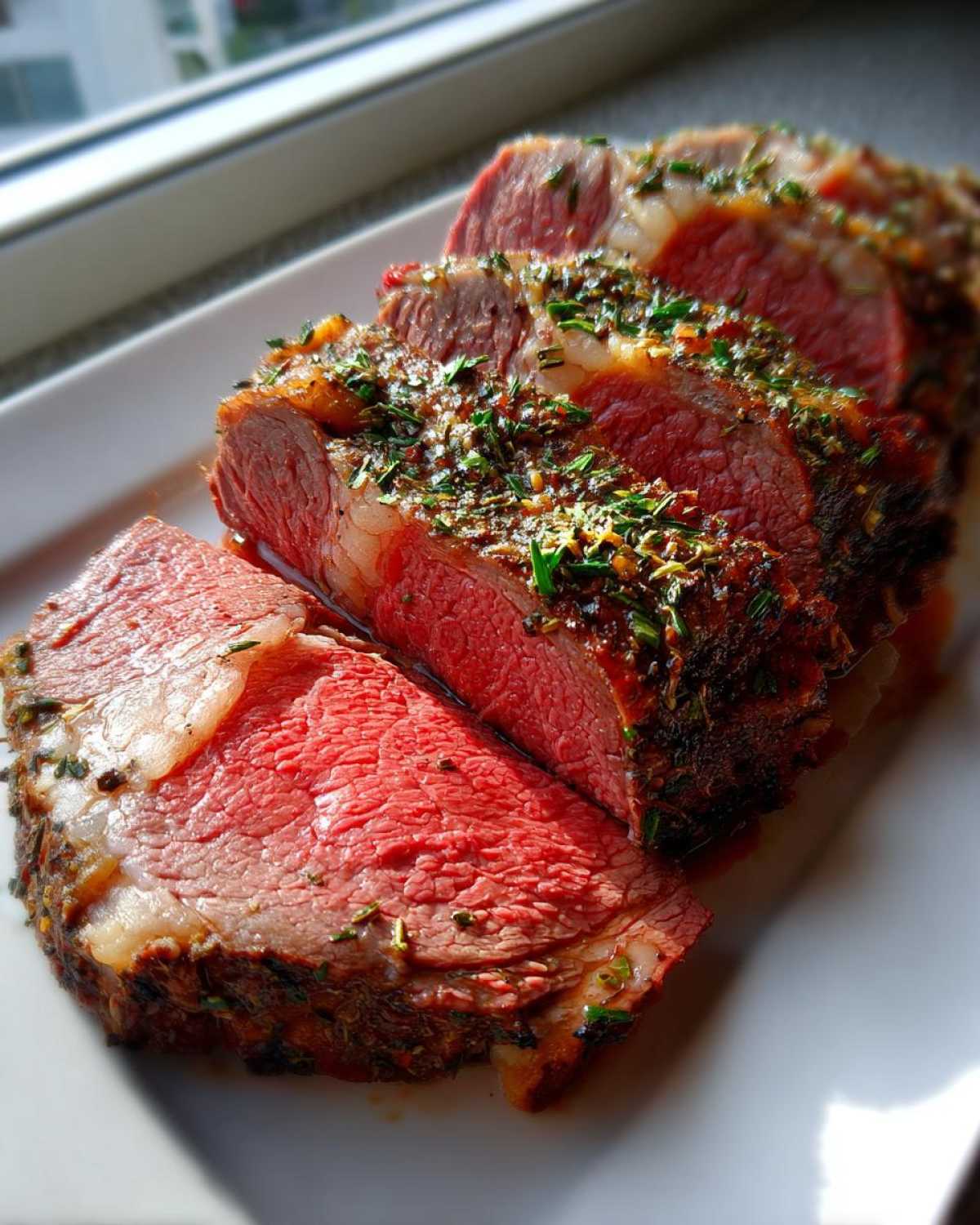 Close-up of thick, medium-rare slices of prime rib recipe, crusted with herbs.