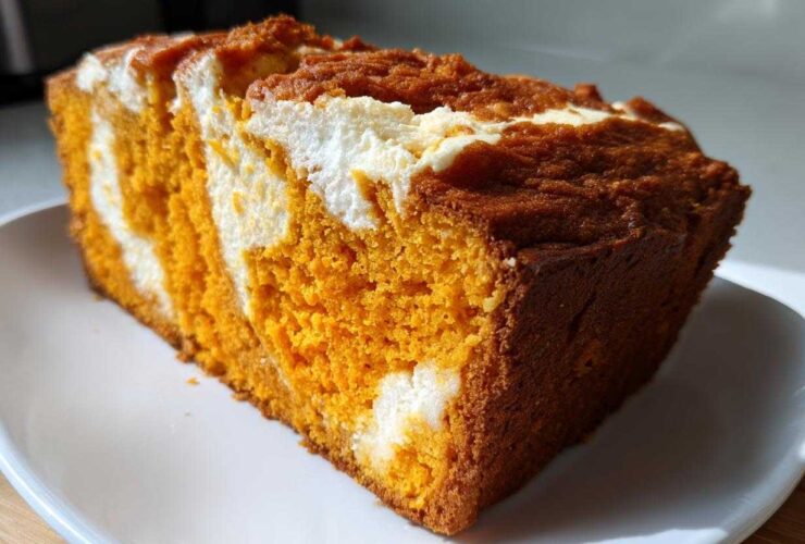A close-up of a moist slice of pumpkin cream cheese bread showing vibrant orange pumpkin cake swirled with white cream cheese filling.