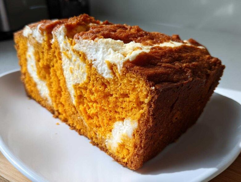 A close-up of a moist slice of pumpkin cream cheese bread showing vibrant orange pumpkin cake swirled with white cream cheese filling.