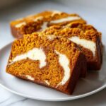 Close-up of moist slices of pumpkin cream cheese bread showing the vibrant orange cake and white cream cheese swirl.