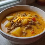 Close-up of a hearty bowl of rich cheeseburger soup recipe, featuring ground beef, potato chunks, and shredded cheddar cheese.