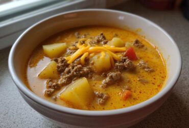 Close-up of a hearty bowl of rich cheeseburger soup recipe, featuring ground beef, potato chunks, and shredded cheddar cheese.