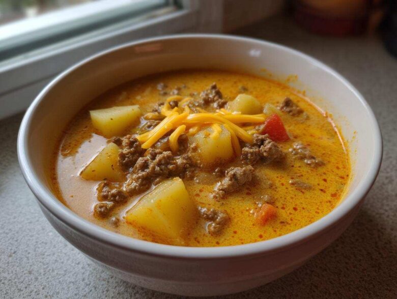 Close-up of a hearty bowl of rich cheeseburger soup recipe, featuring ground beef, potato chunks, and shredded cheddar cheese.