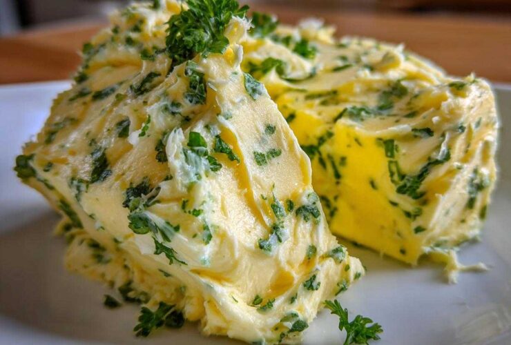 Close-up of two portions of rich, yellow garlic butter mixed with vibrant green parsley.