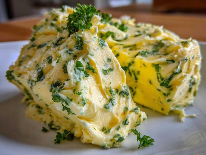 Close-up of two portions of rich, yellow garlic butter mixed with vibrant green parsley.