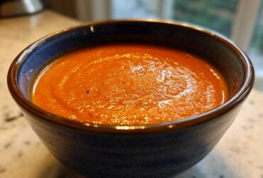 Close-up of a deep blue bowl filled with thick, vibrant orange roasted tomato soup.
