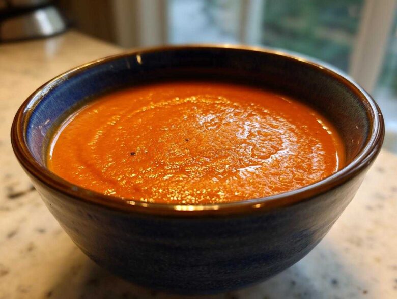 Close-up of a deep blue bowl filled with thick, vibrant orange roasted tomato soup.