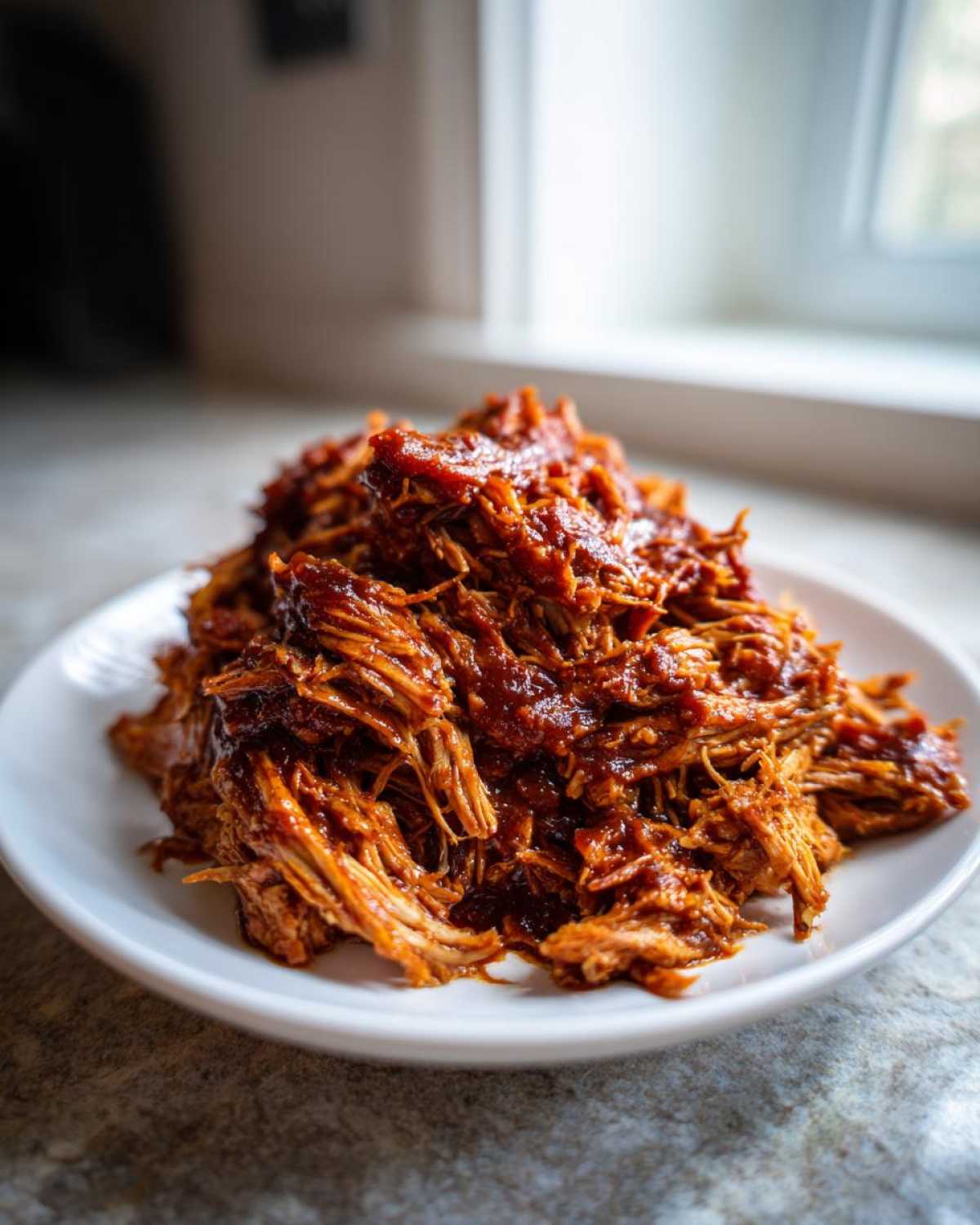 Close-up of a generous serving of saucy, shredded pulled chicken piled high on a white plate.