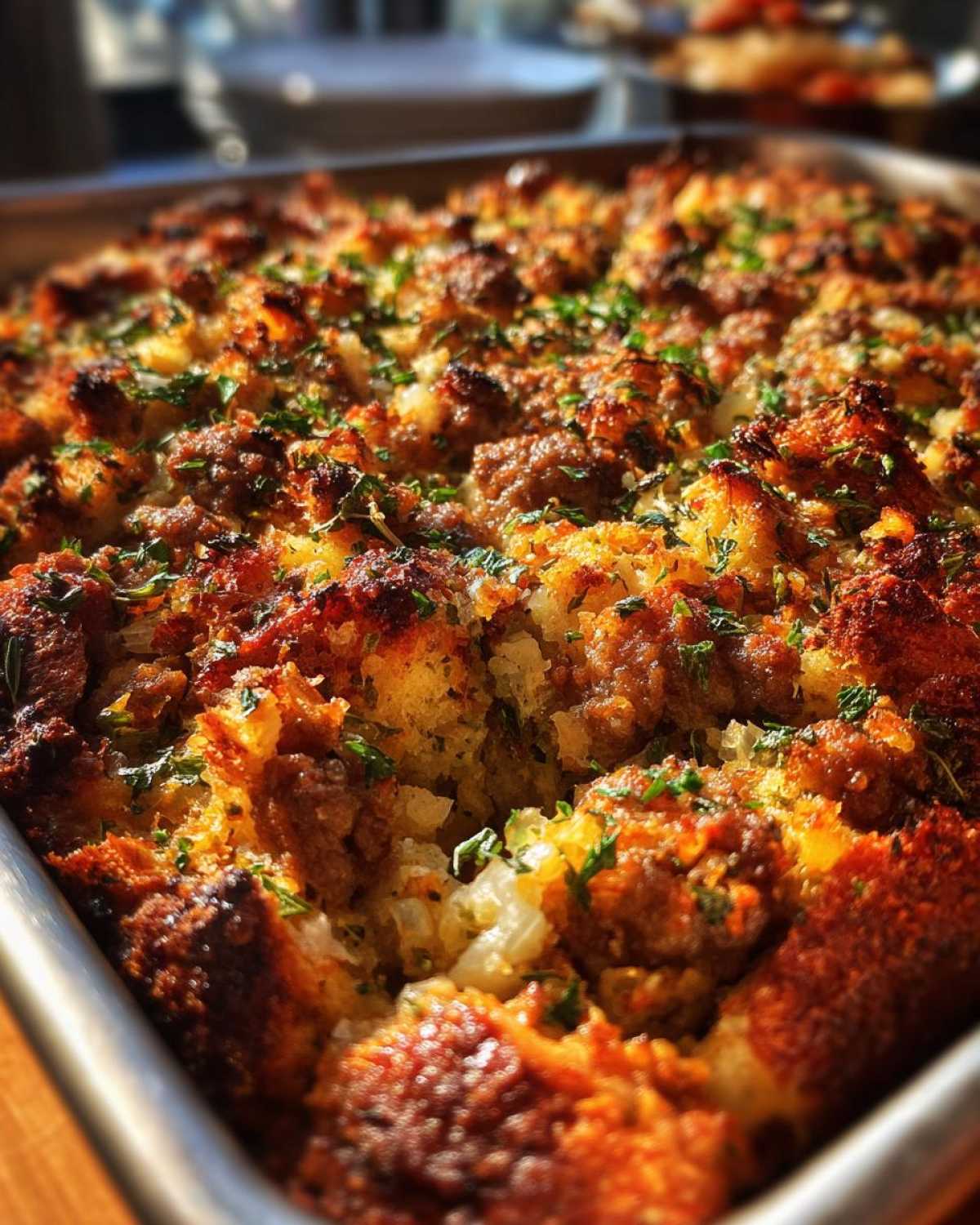 Close-up of baked sausage stuffing recipe with crispy edges and fresh parsley garnish.