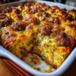 Close-up of a baked sausage stuffing recipe casserole with a golden-brown, cheesy top and visible chunks of sausage.