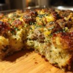 Close-up of a freshly baked sausage stuffing recipe with a golden, crusty top sprinkled with parsley.