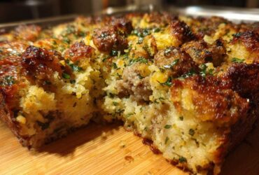 Close-up of a freshly baked sausage stuffing recipe with a golden, crusty top sprinkled with parsley.