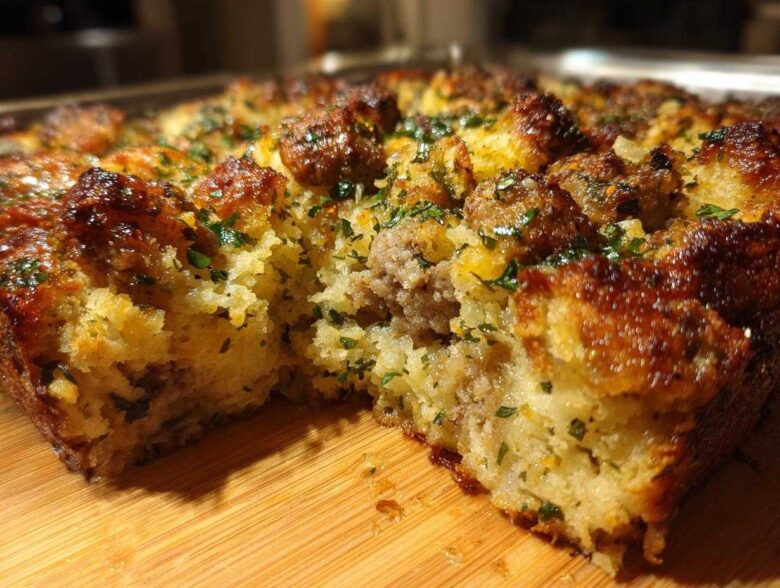 Close-up of a freshly baked sausage stuffing recipe with a golden, crusty top sprinkled with parsley.