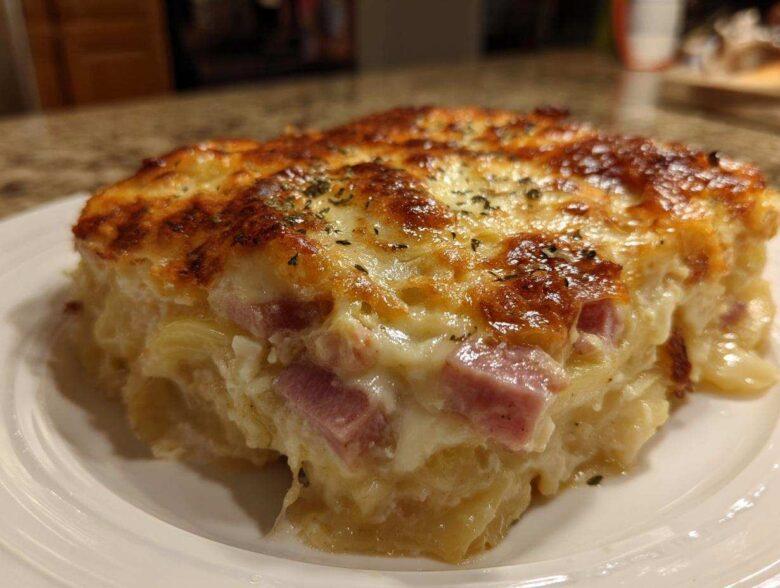A close-up of a square serving of cheesy scalloped potatoes and ham with a golden-brown, bubbly top.