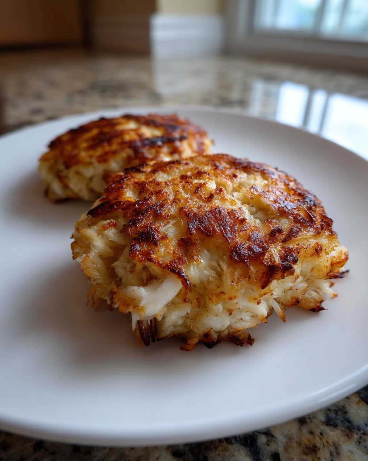 Two golden-brown, pan-seared maryland crab cakes showing flaky white crab meat texture.