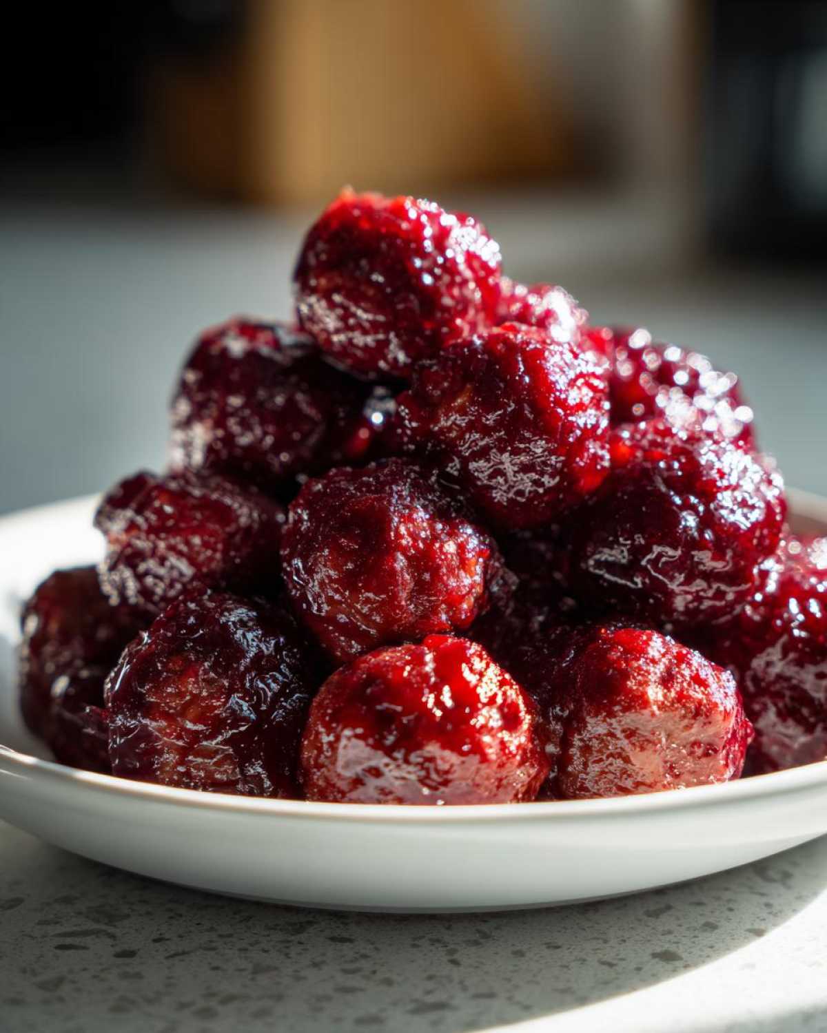 Close-up of a mound of glossy, dark red cranberry meatballs piled high on a white serving dish.