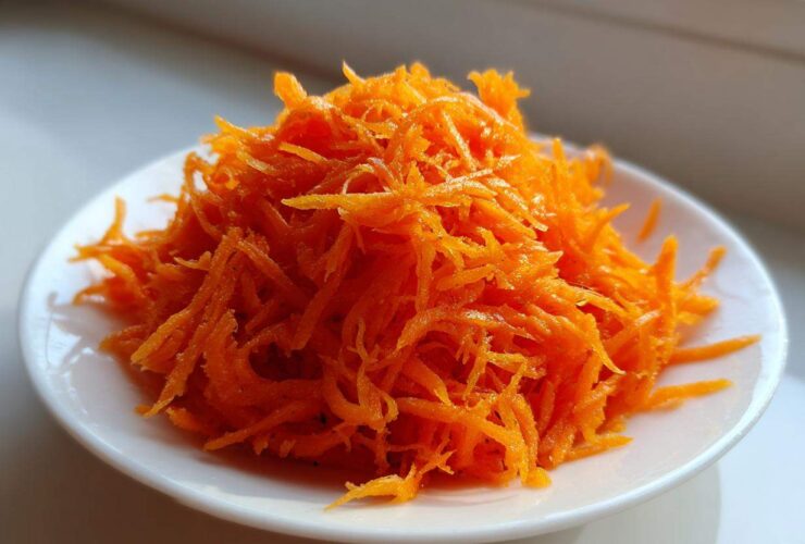 A mound of bright orange shredded carrots ready for a raw carrot salad, served on a small white plate.
