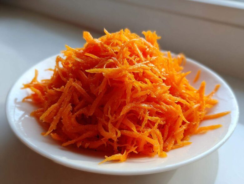 A mound of bright orange shredded carrots ready for a raw carrot salad, served on a small white plate.