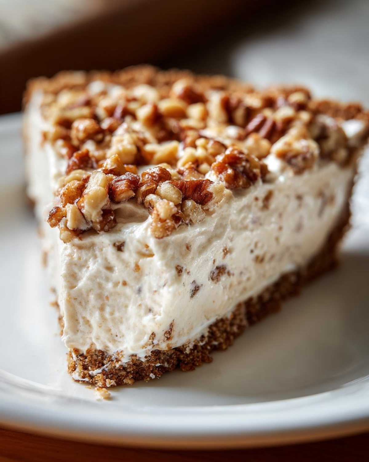 A close-up of a thick slice of pecan cream pie showing the creamy filling and crunchy pecan topping.
