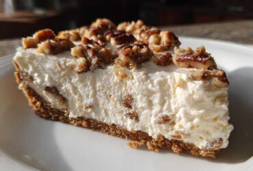 A close-up slice of silky pecan cream pie showing the thick, creamy filling and graham cracker crust topped with toasted pecans.