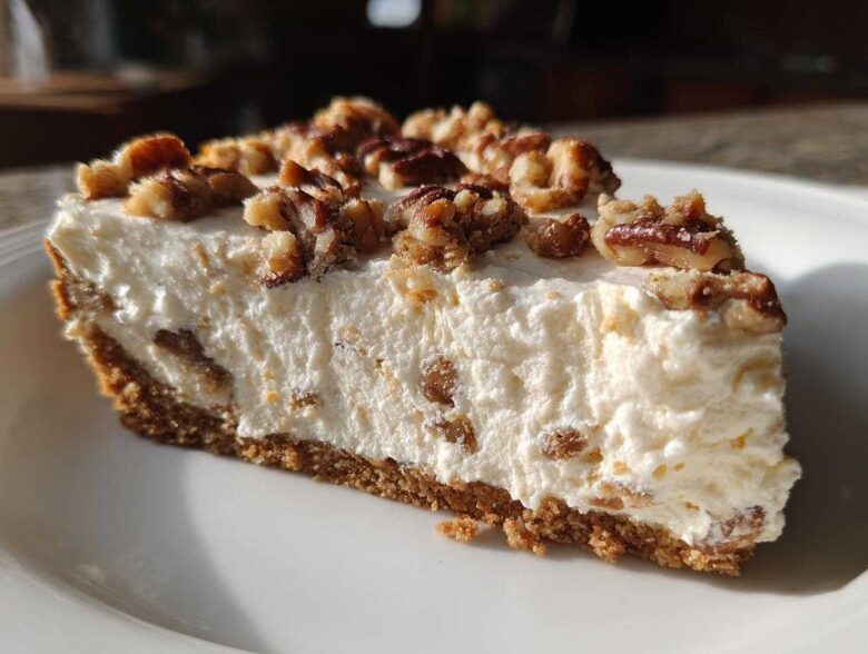 A close-up slice of silky pecan cream pie showing the thick, creamy filling and graham cracker crust topped with toasted pecans.
