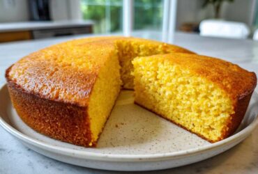 A round, golden-brown skillet cornbread with one slice cut out, showing the moist interior.