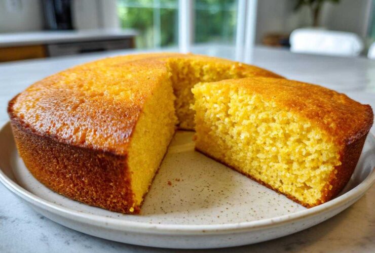 A round, golden-brown skillet cornbread with one slice cut out, showing the moist interior.