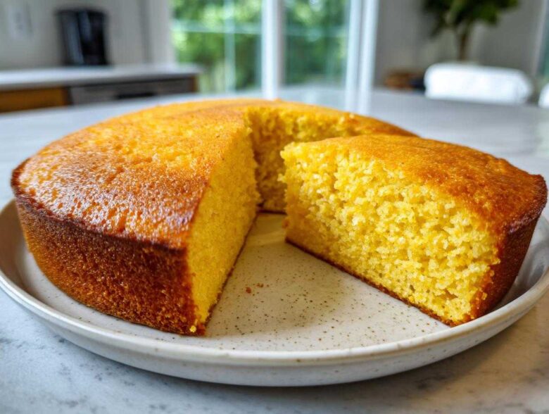 A round, golden-brown skillet cornbread with one slice cut out, showing the moist interior.