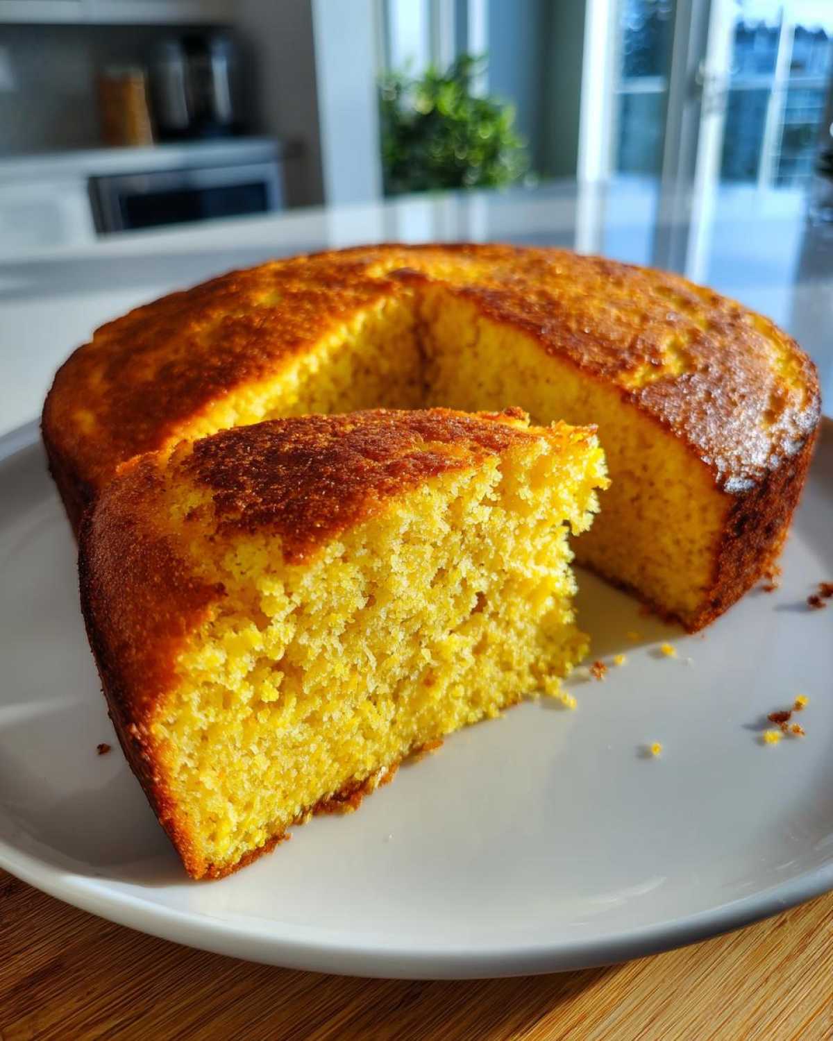 A thick slice of moist, golden skillet cornbread with a dark, crispy crust, resting on a white plate.