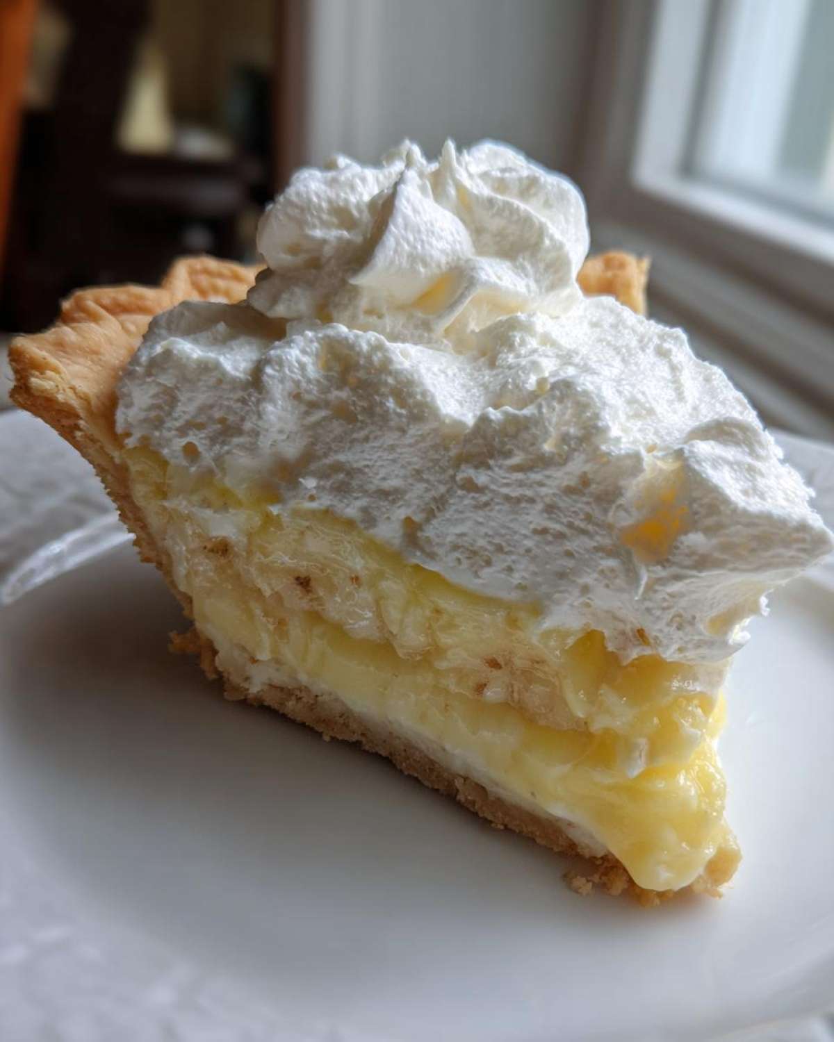 A tall slice of homemade banana cream pie recipe featuring a flaky crust, thick yellow custard, and a generous topping of whipped cream.