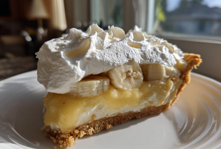 A perfect slice of banana cream pie recipe featuring a graham cracker crust, creamy filling, sliced bananas, and a generous topping of whipped cream.
