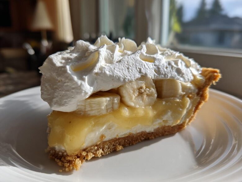 A perfect slice of banana cream pie recipe featuring a graham cracker crust, creamy filling, sliced bananas, and a generous topping of whipped cream.