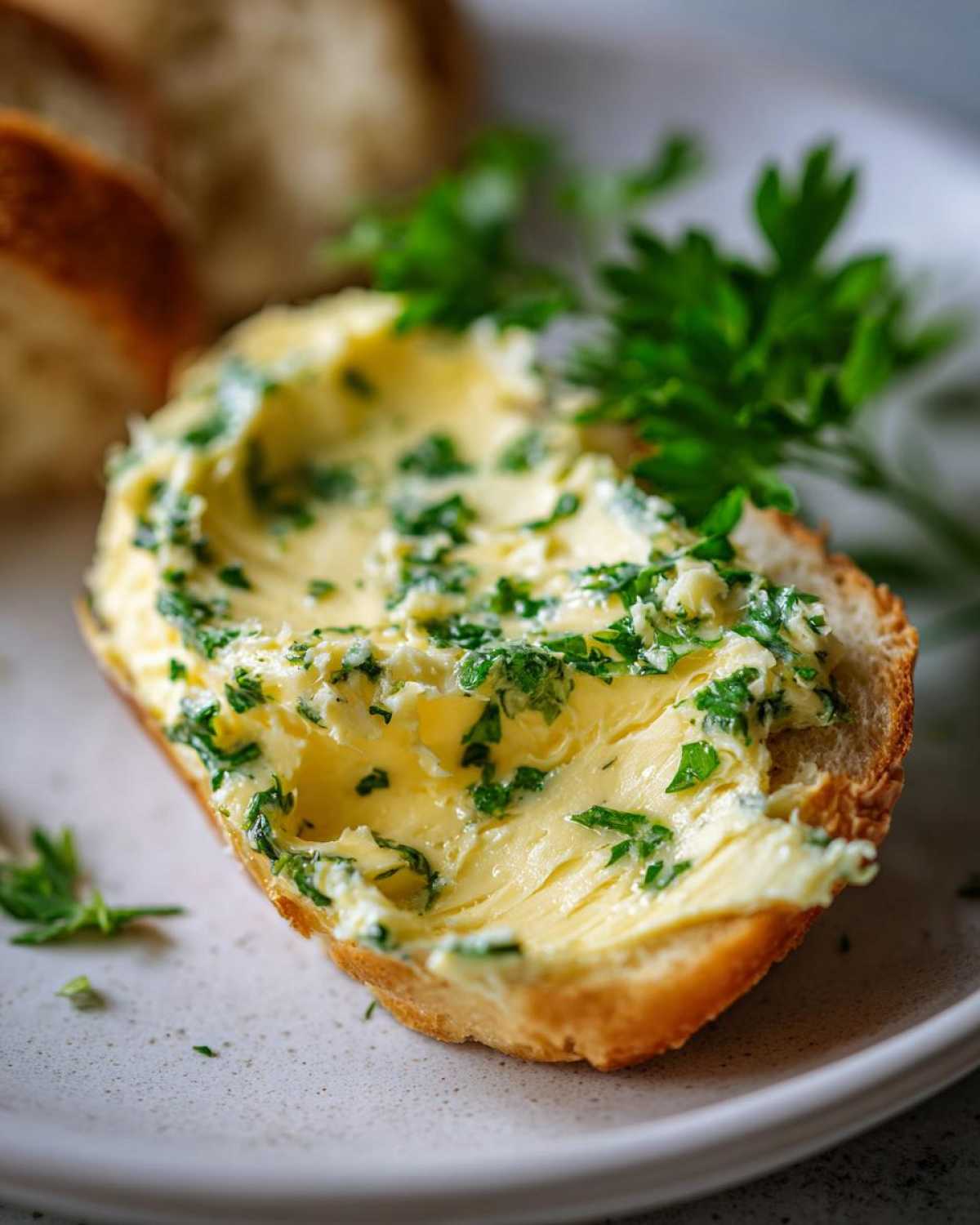 Close-up of a thick layer of bright yellow garlic butter mixed with fresh green herbs spread generously on a slice of bread.