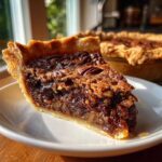 A rich, gooey slice of chocolate pecan pie with a flaky crust sits on a white plate.