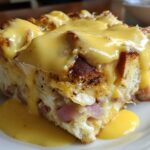 A close-up of a square slice of eggs benedict casserole topped generously with rich, dripping hollandaise sauce.