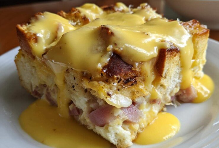 A close-up of a square slice of eggs benedict casserole topped generously with rich, dripping hollandaise sauce.