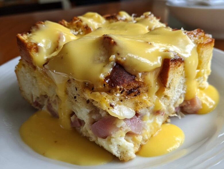 A close-up of a square slice of eggs benedict casserole topped generously with rich, dripping hollandaise sauce.