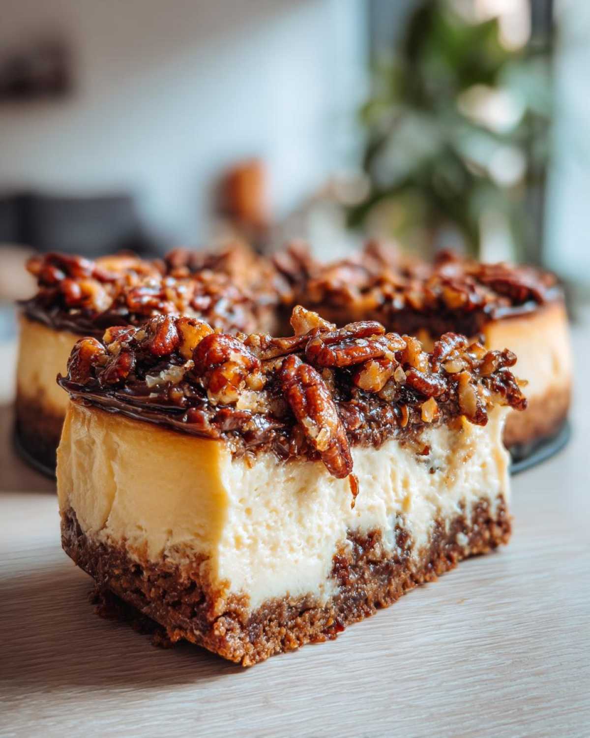 A thick slice of german chocolate cheesecake showing a creamy filling, dark crust, and pecan topping.