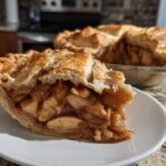 Close-up of a thick slice of homemade apple pie showing gooey cinnamon apples and flaky crust.