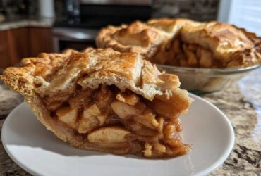 Close-up of a thick slice of homemade apple pie showing gooey cinnamon apples and flaky crust.