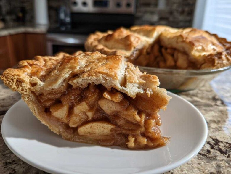 Close-up of a thick slice of homemade apple pie showing gooey cinnamon apples and flaky crust.
