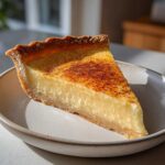 A thick slice of creamy custard pie with a golden crust, dusted with cinnamon, sitting on a light ceramic plate.