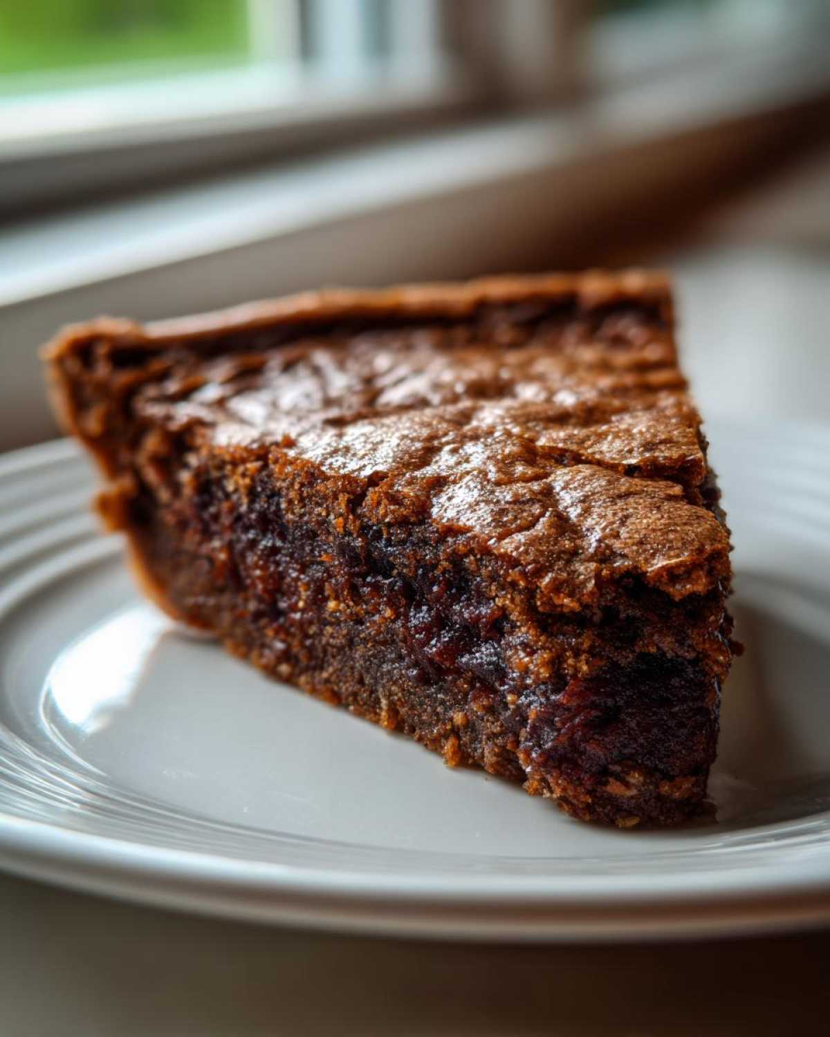 Close-up of a decadent slice of fudge pie with a cracked, shiny top, served on a white plate.