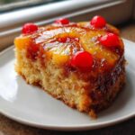 A moist slice of pineapple upside down cake topped with caramelized pineapple rings and bright red maraschino cherries.