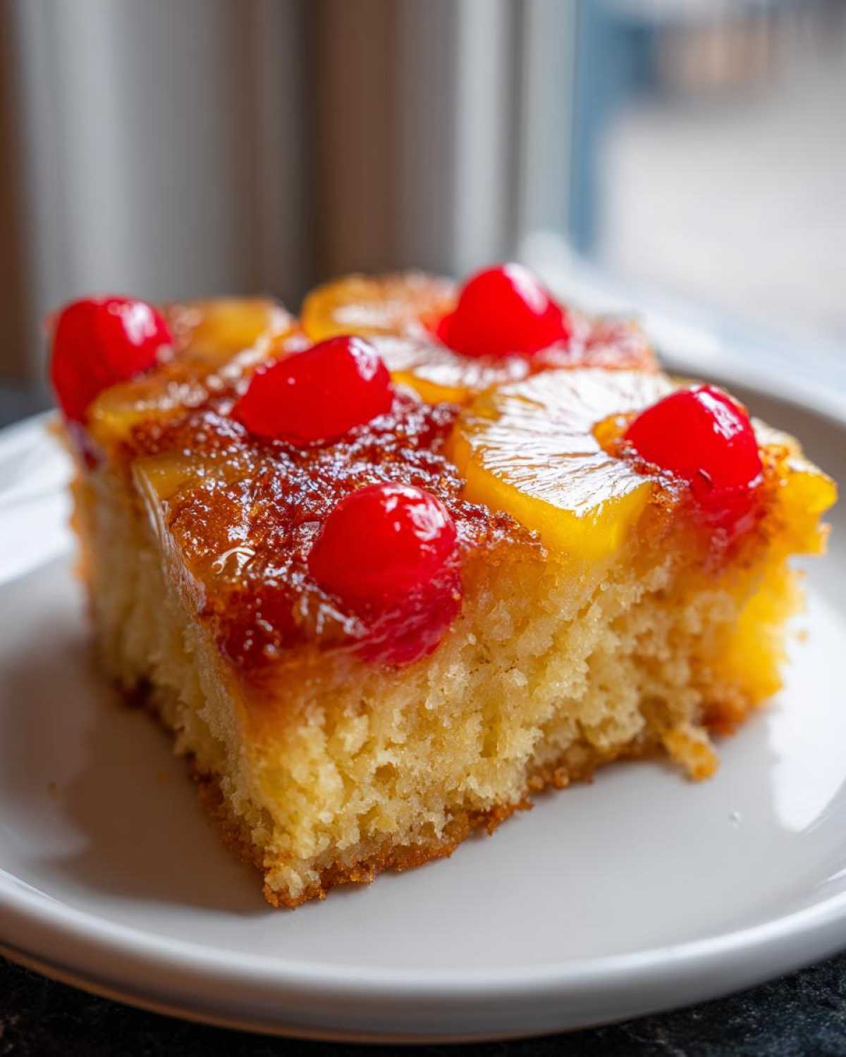A close-up of a moist slice of pineapple upside down cake topped with caramelized pineapple rings and bright red maraschino cherries.