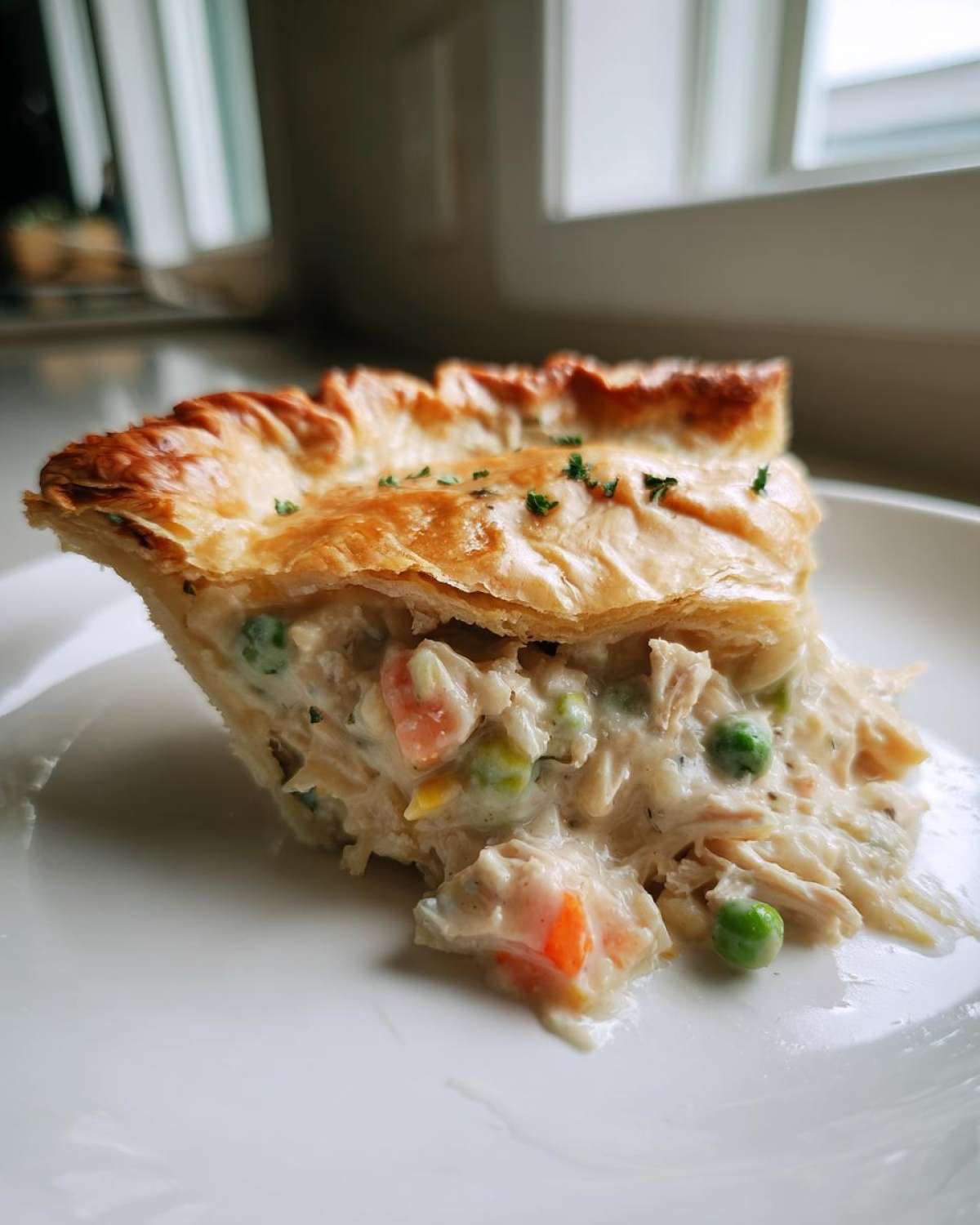 Close-up of a slice of turkey pot pie showing flaky golden crust and creamy filling with turkey, peas, and carrots.