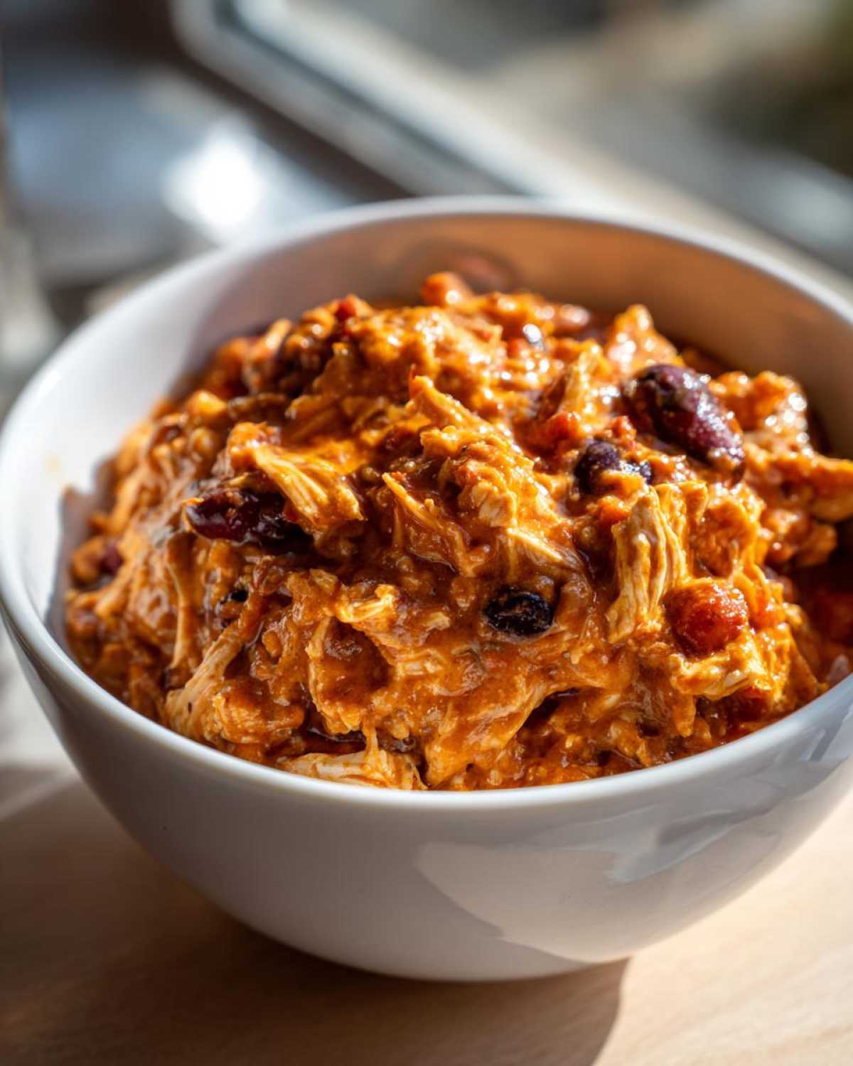 Close-up of a white bowl filled with creamy, shredded slow cooker buffalo chicken chili, featuring visible beans.