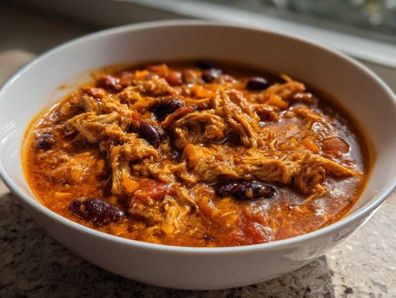A close-up view of a hearty bowl of slow cooker buffalo chicken chili, featuring shredded chicken and kidney beans in a rich, orange-red sauce.